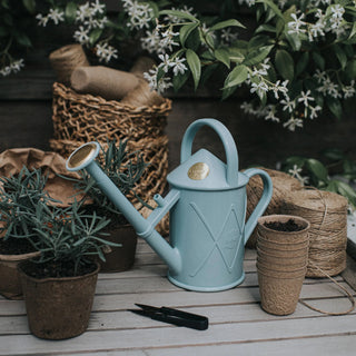 Light blue watering can on a wooden surface with plants and twine in the background
