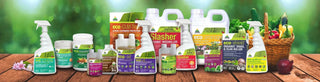 A collection of Eco-Clime garden and plant care products, including sprayers, bottles, and boxes, arranged on a wooden table against a blurred green garden background.