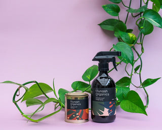 Munash Organics home fragrance products, including a spray bottle and a tin, styled with green pothos plant vines against a solid light pink background.